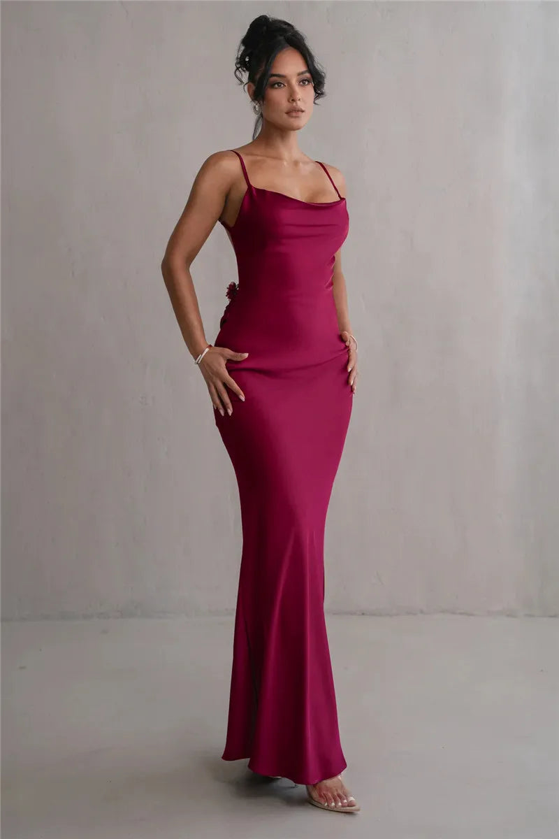 Floral Draped Open Back Spaghetti Strap Maxi Dress