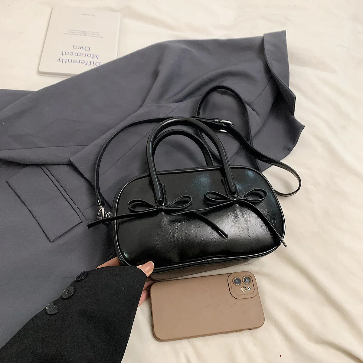 Bow Design Box Top-handle Crossbody Bag
