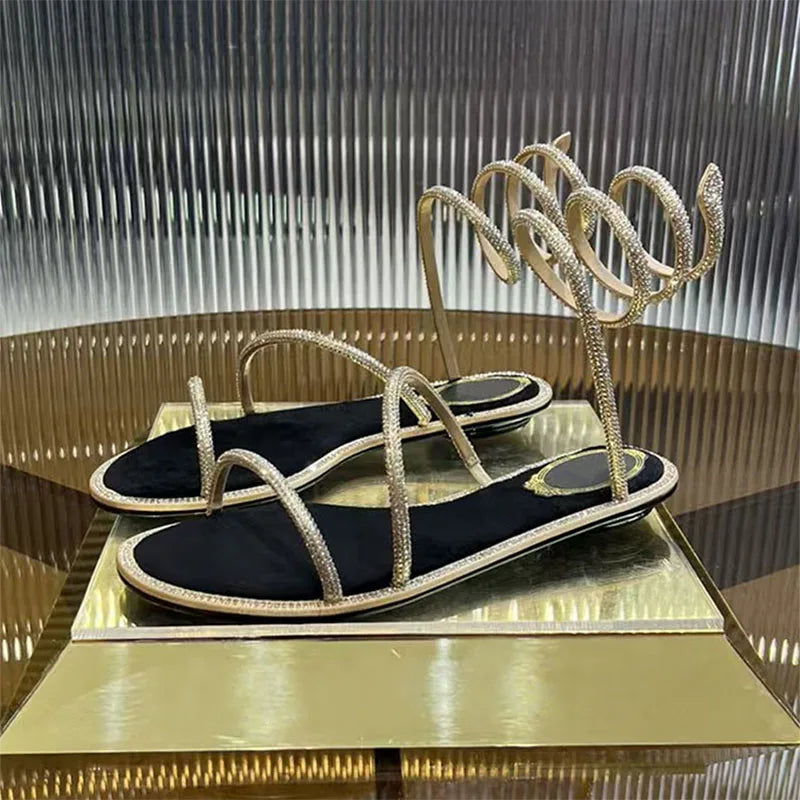 Rhinestone Snake Twine Around Ankle Strap Flat Sandals