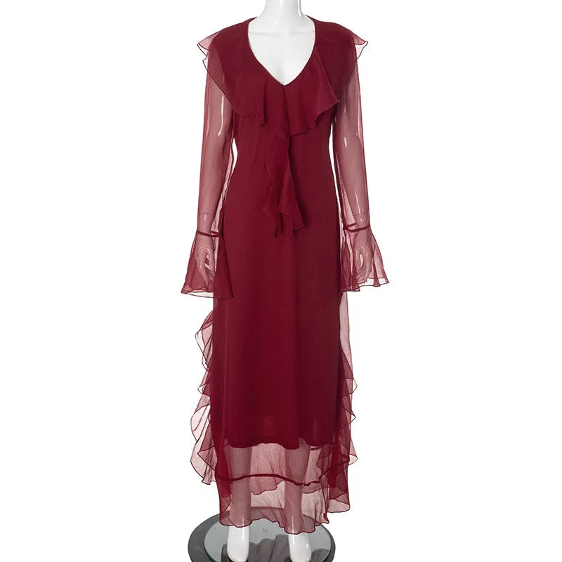 Ruffles Red Flare Sleeve Maxi Dress