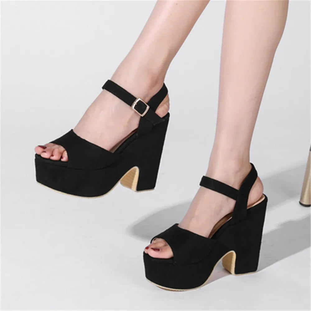Ankle Strap Buckle Ladies Flock Wedge Shoes