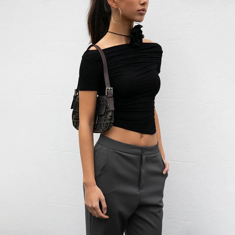Slash Neck Bodycon Top â€?Short Sleeve Solid Color Tee