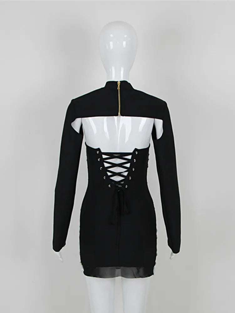Turtleneck Beading Rhinestone Black Mini Dress