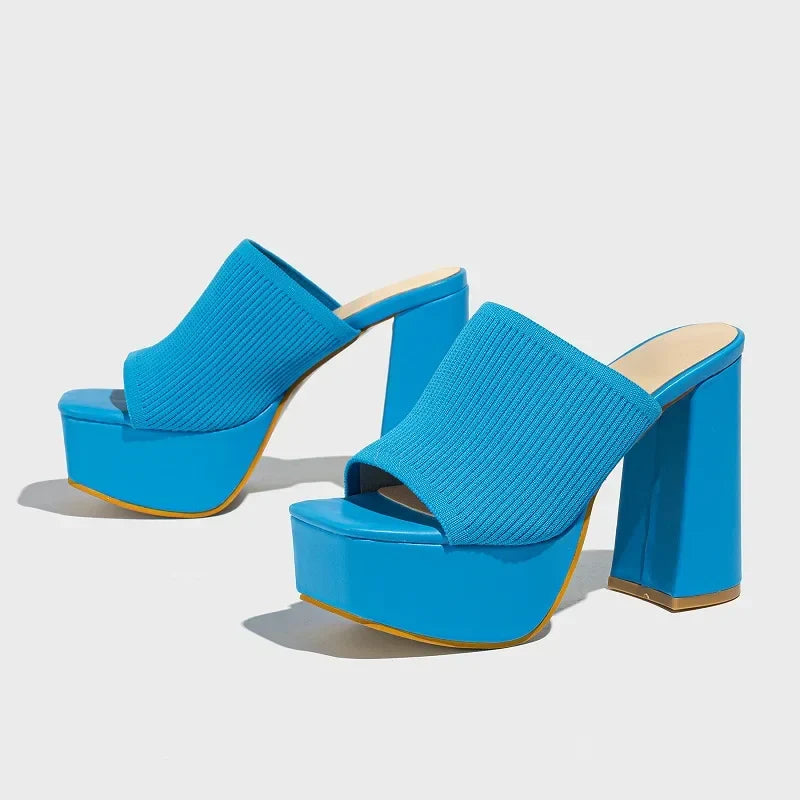 Stretch Fabric Square Toe Platform High Heels Sandals