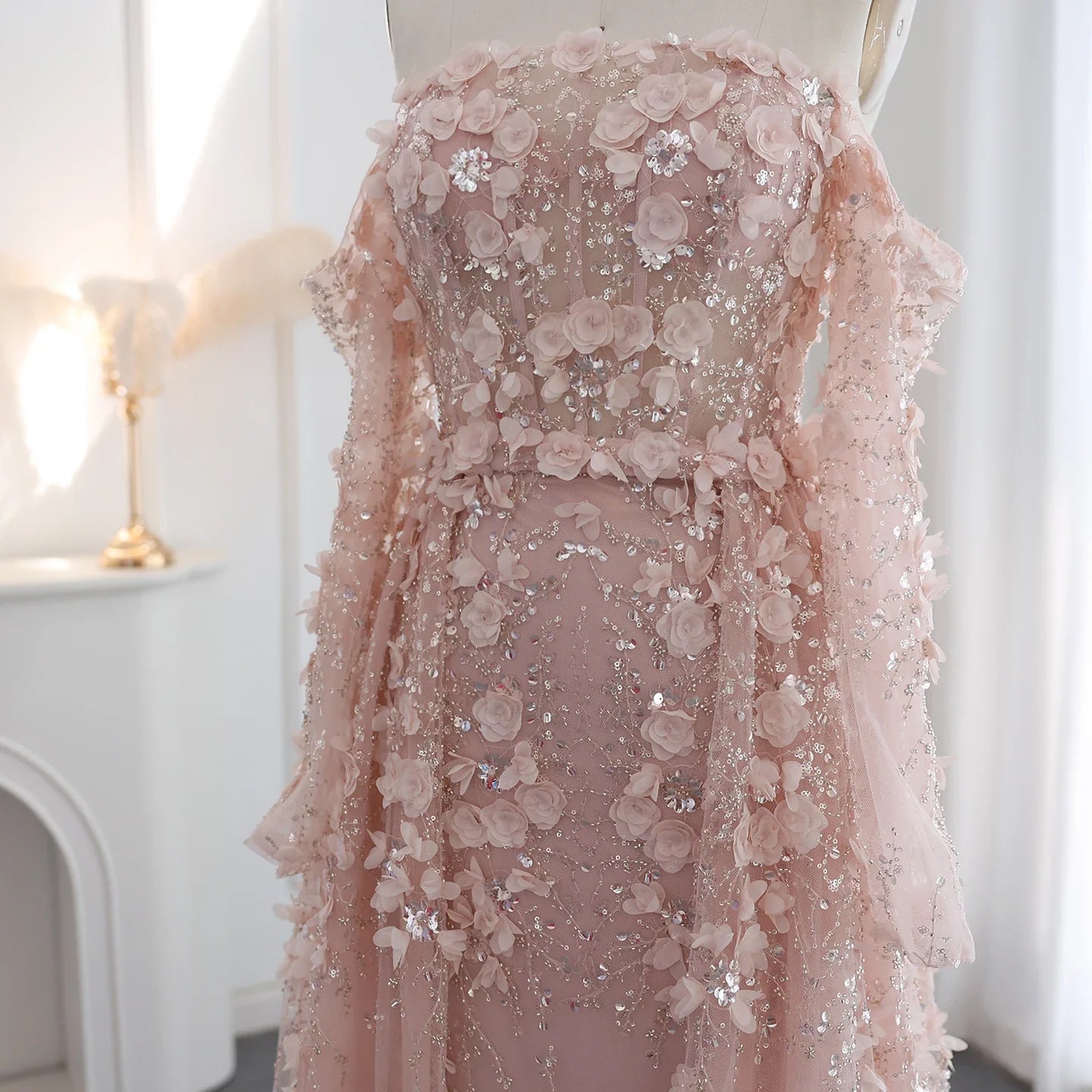3D Flowers Evening Dress with Overskirt Long Sleeves