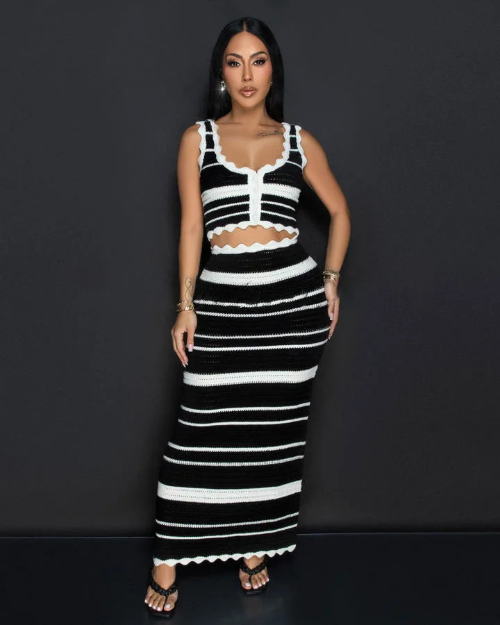 Striped Contrast Knitted Top and Long Skirt Set