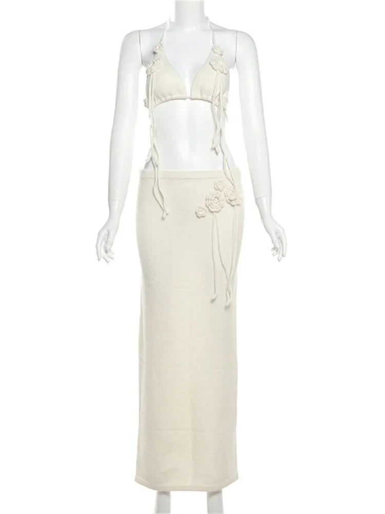 Floral Tassel Open Back Knitwear Long Skirt Sets
