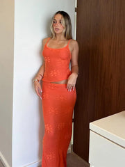 Orange Printed Square Neck Top and Long Skirt Suit