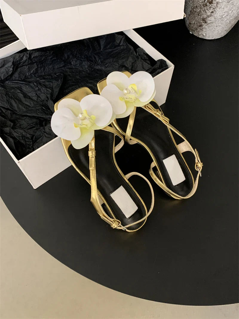 Square Toe Flowers Buckle Strap Shoes