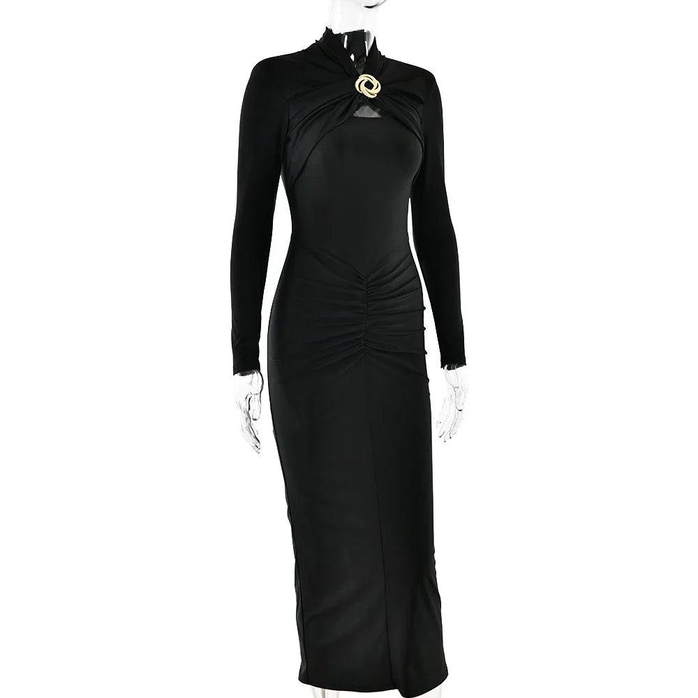 Long Sleeved Pleated Hollowed Out Maxi Dress