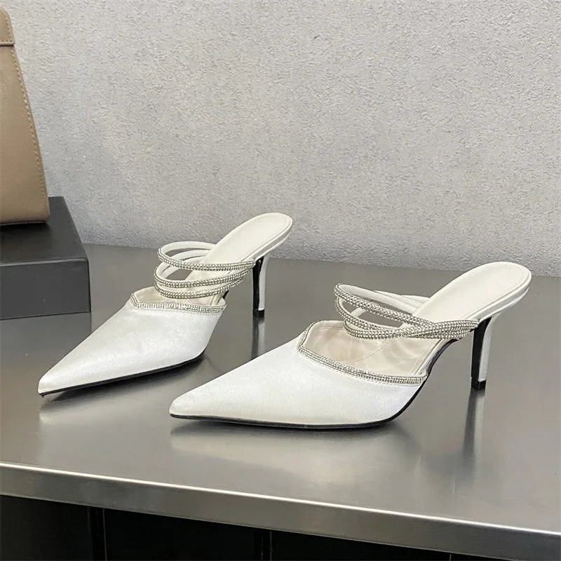 Crystal Narrow Band Pointed Toe Thin Low Heeled Shoes