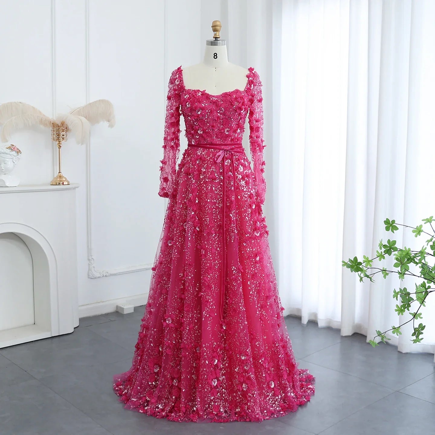 3D Floral A-Line Evening Gown Long Sleeves