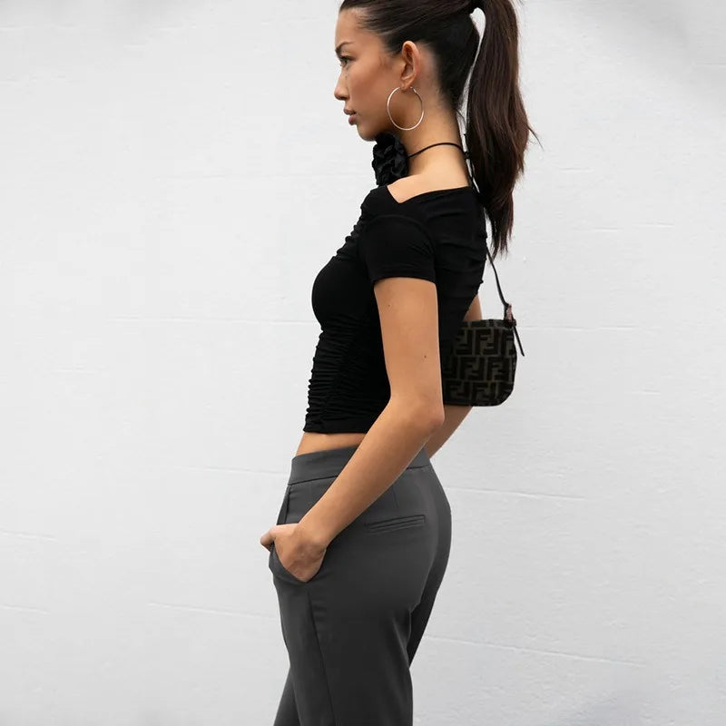 Slash Neck Bodycon Top â€?Short Sleeve Solid Color Tee