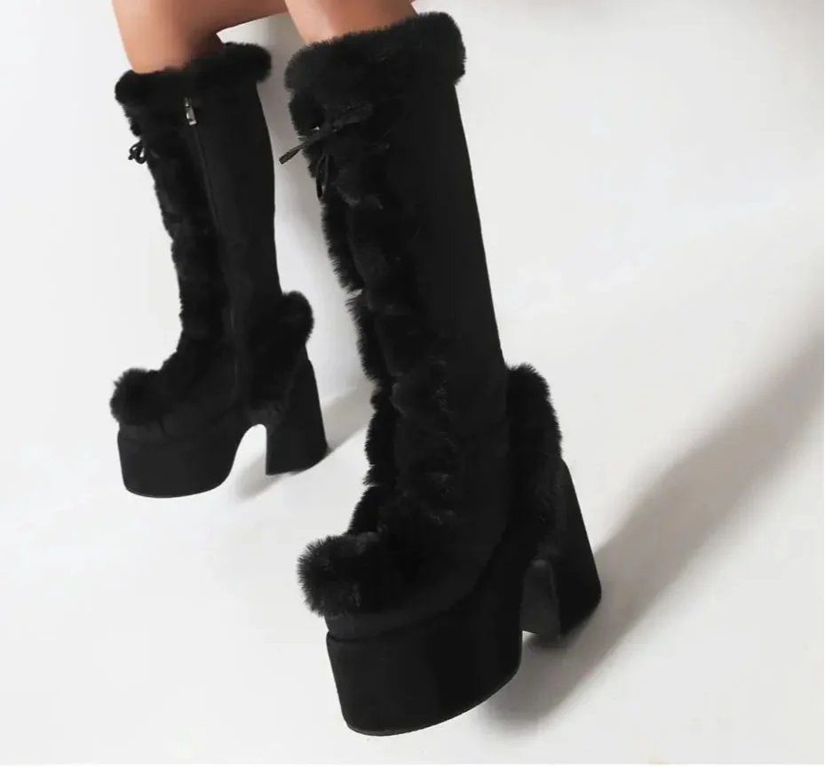 Zip Faux Fur Chunky High Heeled Boots