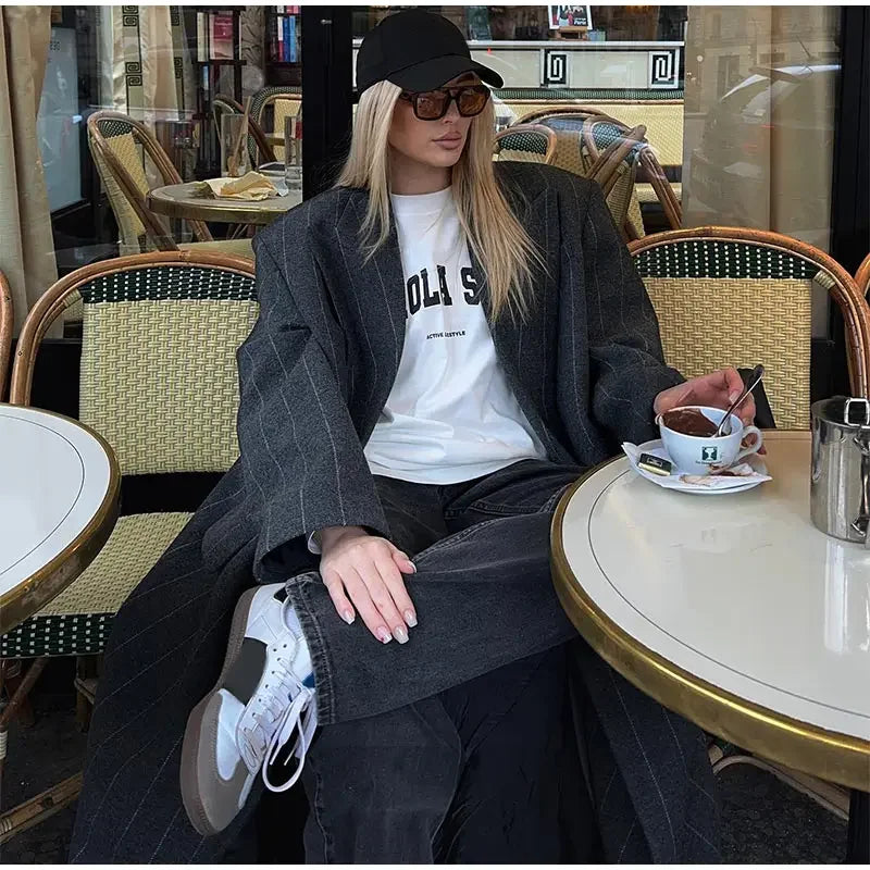 Lapel Striped Oversize Full Sleeve Long Coat