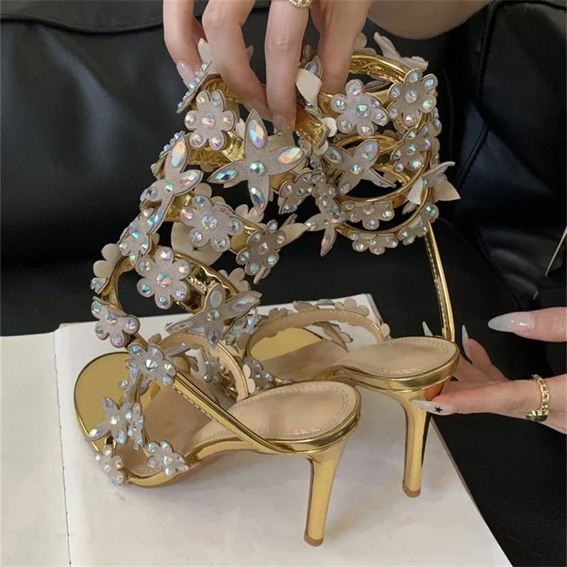Flower Crystal Rhinestone Ankle Strap Banquet Shoes