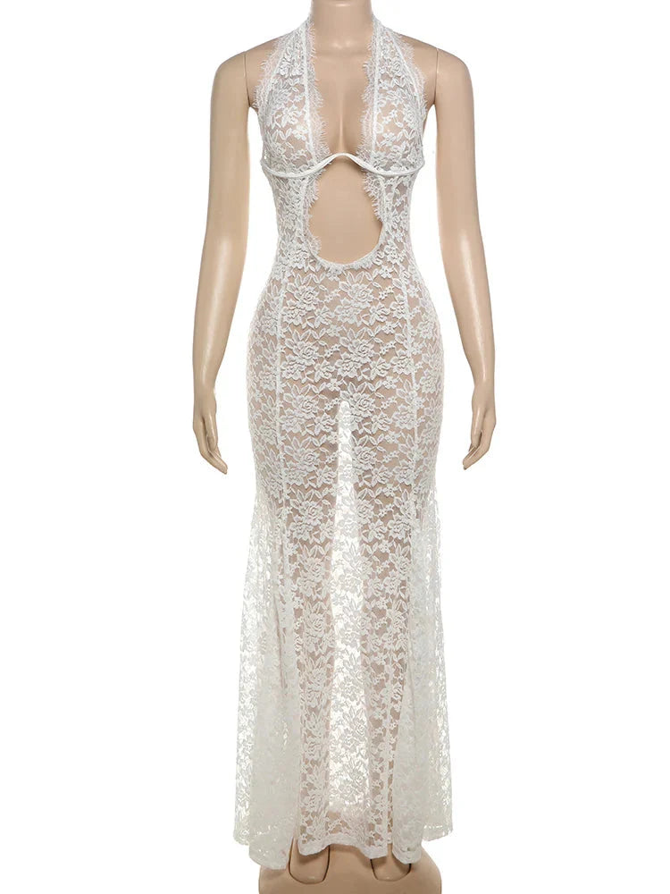 White Lace Sheer Cut Out Halter Maxi Dress