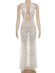 White Lace Sheer Cut Out Halter Maxi Dress
