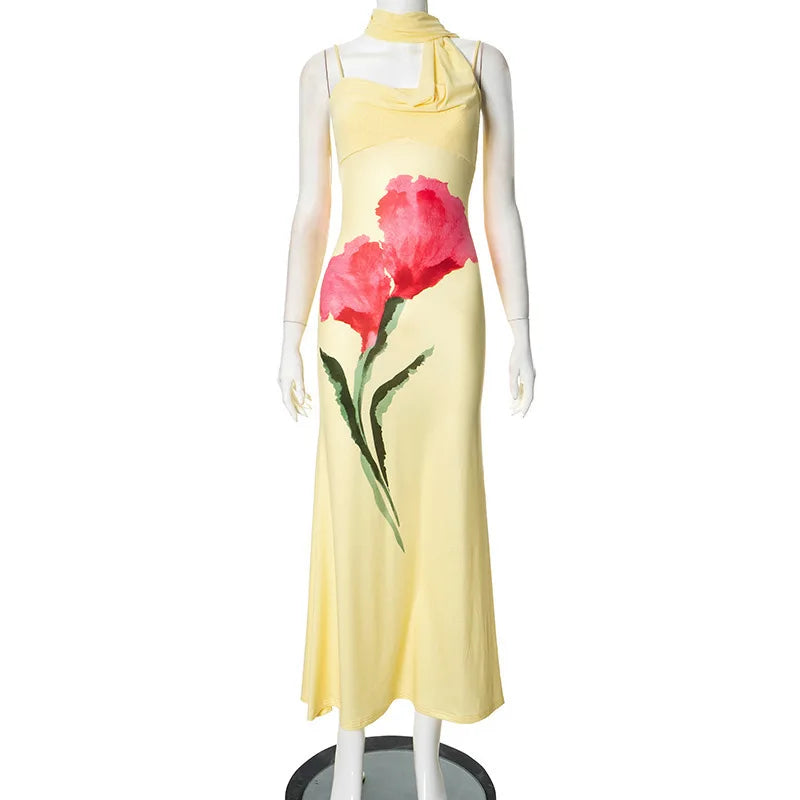 Print Yellow Spaghetti Strap Long Dress