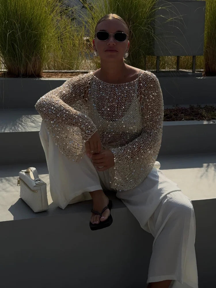 Sequin Knit Sheer Long Sleeve Blouse