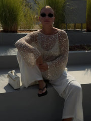 Sequin Knit Sheer Long Sleeve Blouse