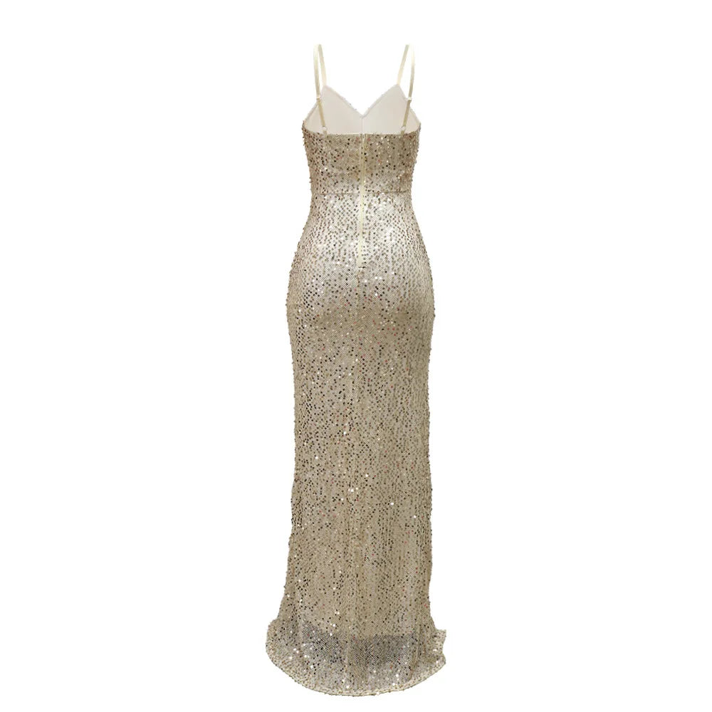 Sequined High Side Split Mermaid Maxi Dress