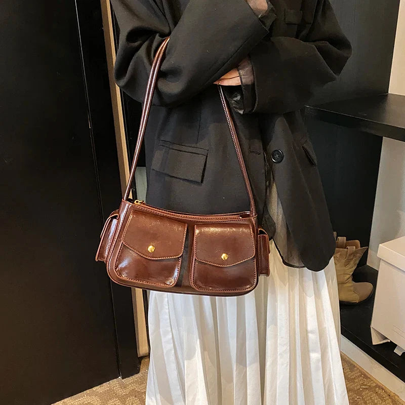 Faux Leather Small Double Pockets Underarm Bags