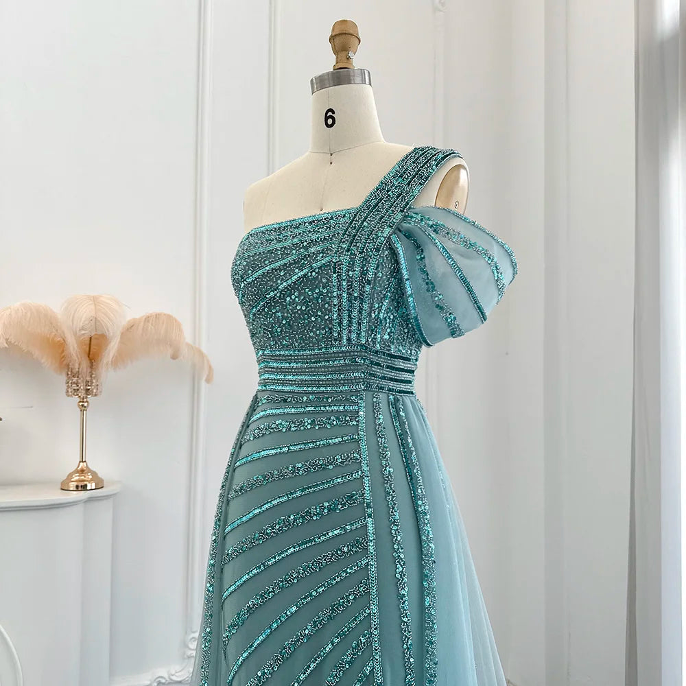 Sage Green One-Shoulder Evening Gown with Overskirt