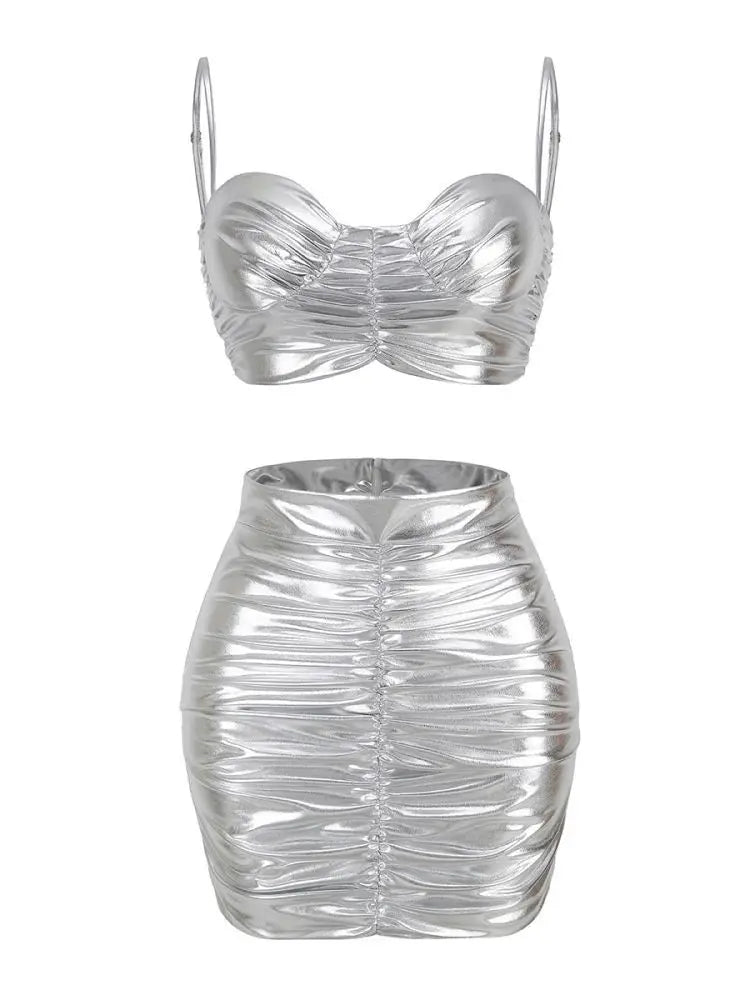 2 Piece Silvery Crop Top and High Waist Mini Skirts