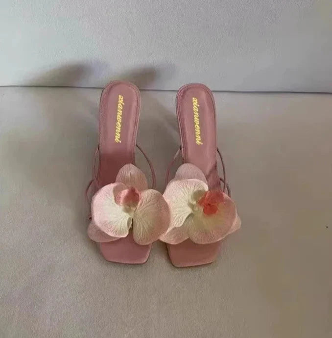 3D Flower High Heels Square Toe Shoes