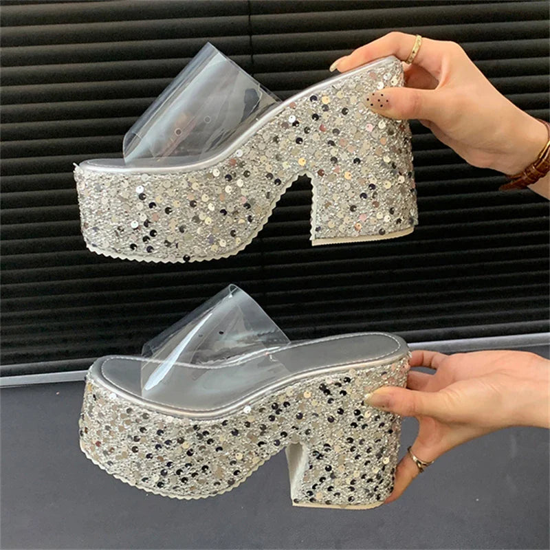 Sequin Platform Heels Open Toe Slides