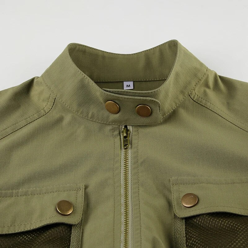 Army Green Stand Collar Zip Up Pockets Coat