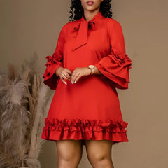 Women Solid Pleated Ruffles Hem High Neck Mini Dress