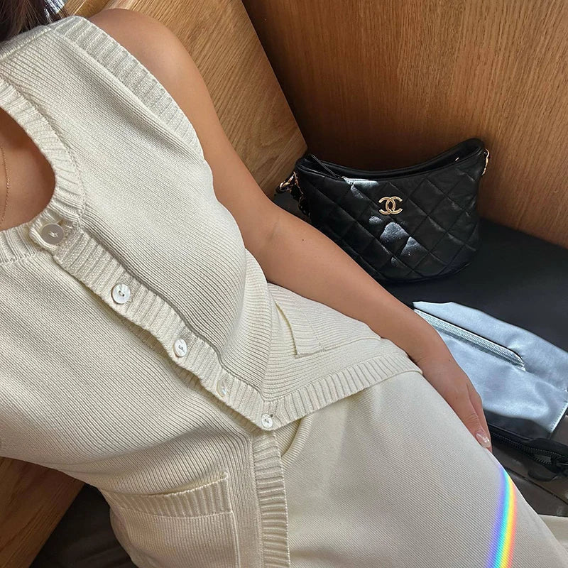 Knitted Sleeveless Top Slit High Waist Long Skirt Suit