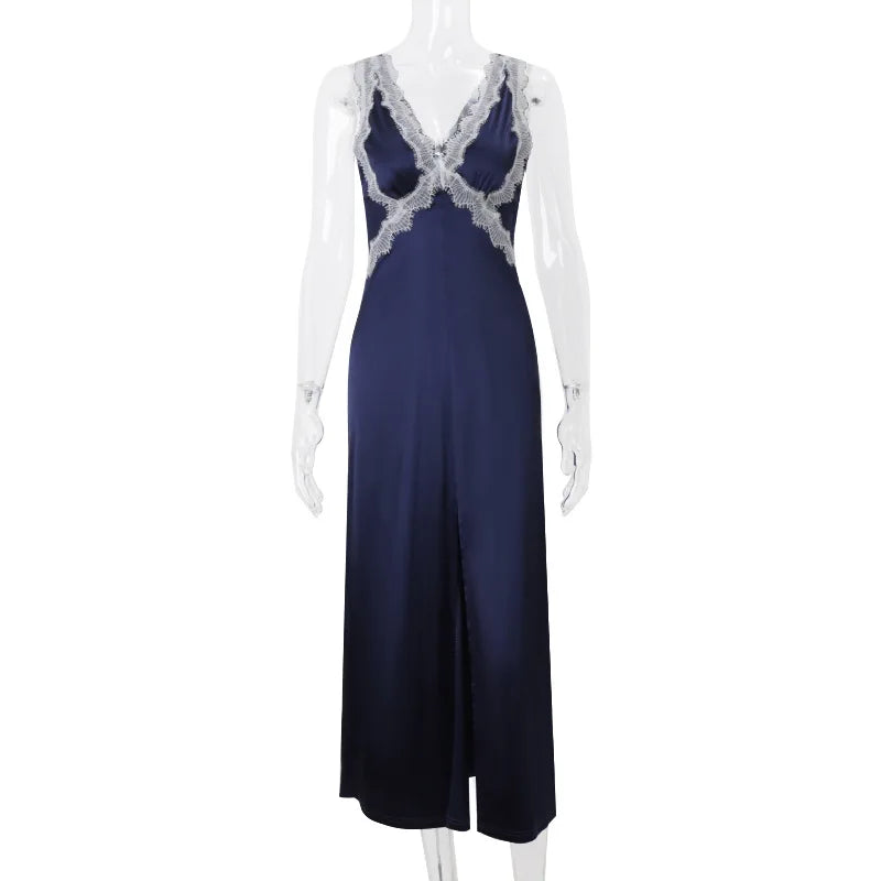 Blue Satin Maxi Dress with Lace Trim