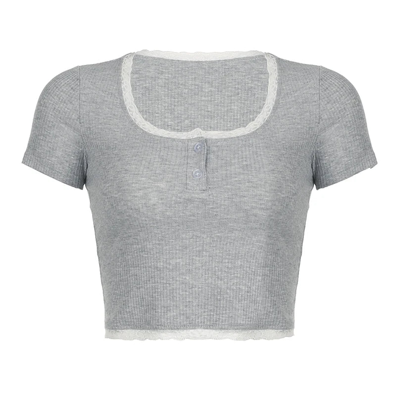 Basic Lace Spliced Buttons Crop Top