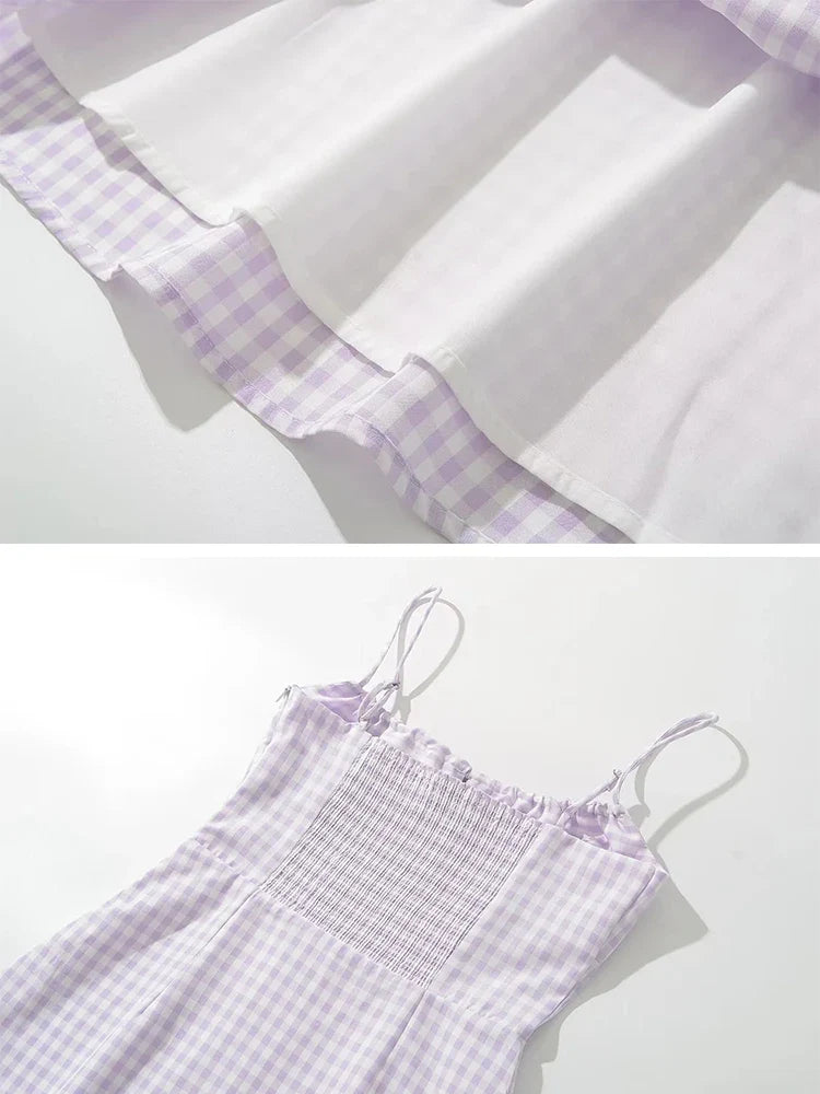Spaghetti Strap Tie Up Plaid Pink Midi Dress