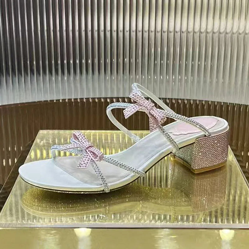 Square Heels Crystal Butterfly-knot Party Shoes