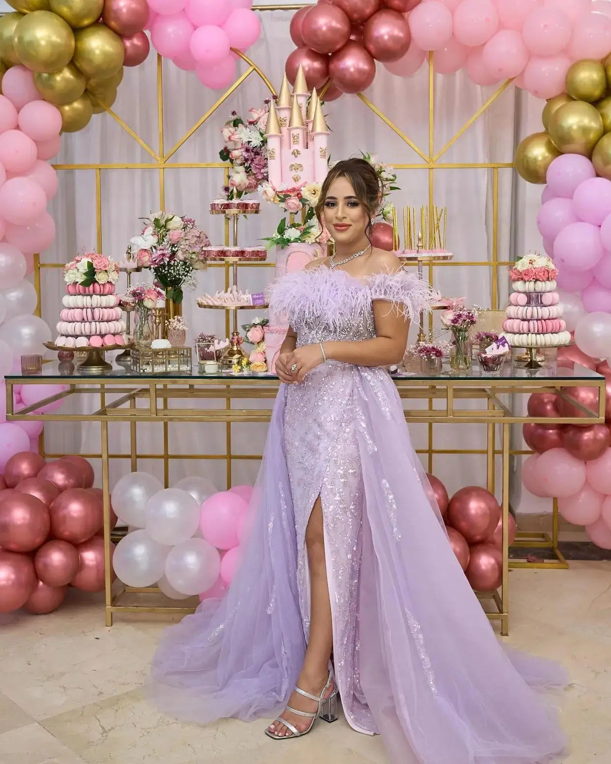 Feathers Off-shoulder Side Slit Overskirt Party Dress