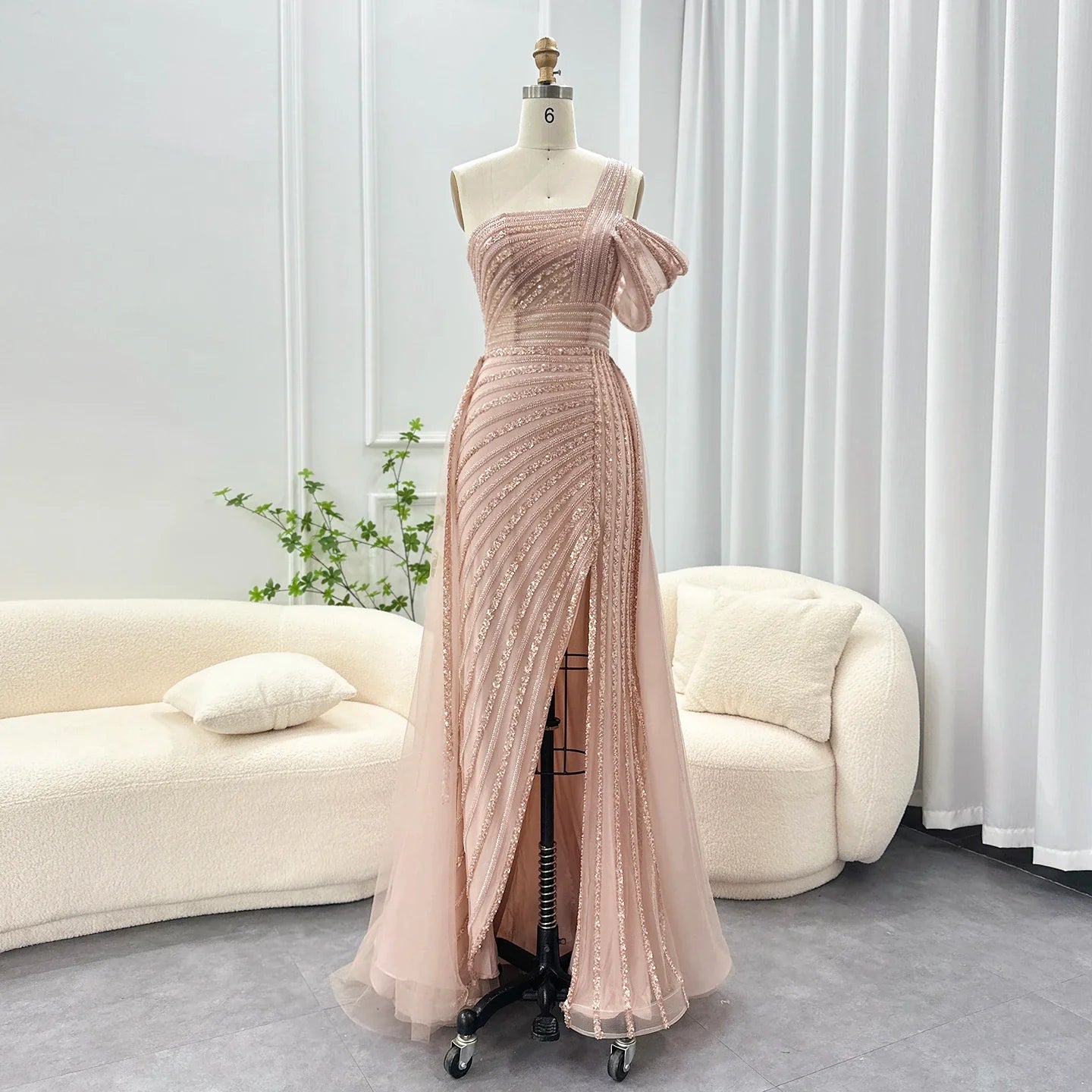 Sage Green One-Shoulder Evening Gown with Overskirt