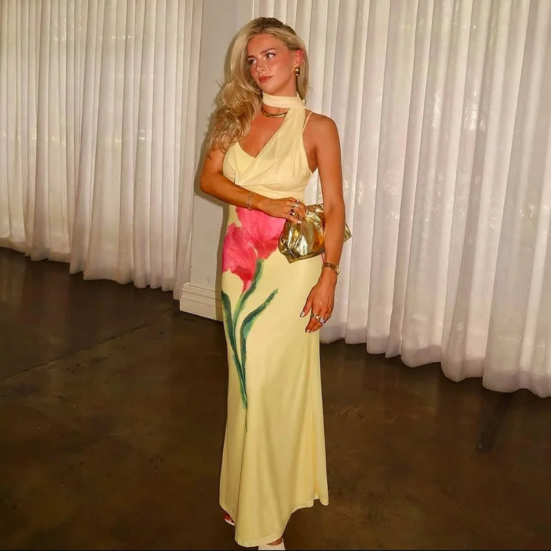 Print Yellow Spaghetti Strap Long Dress