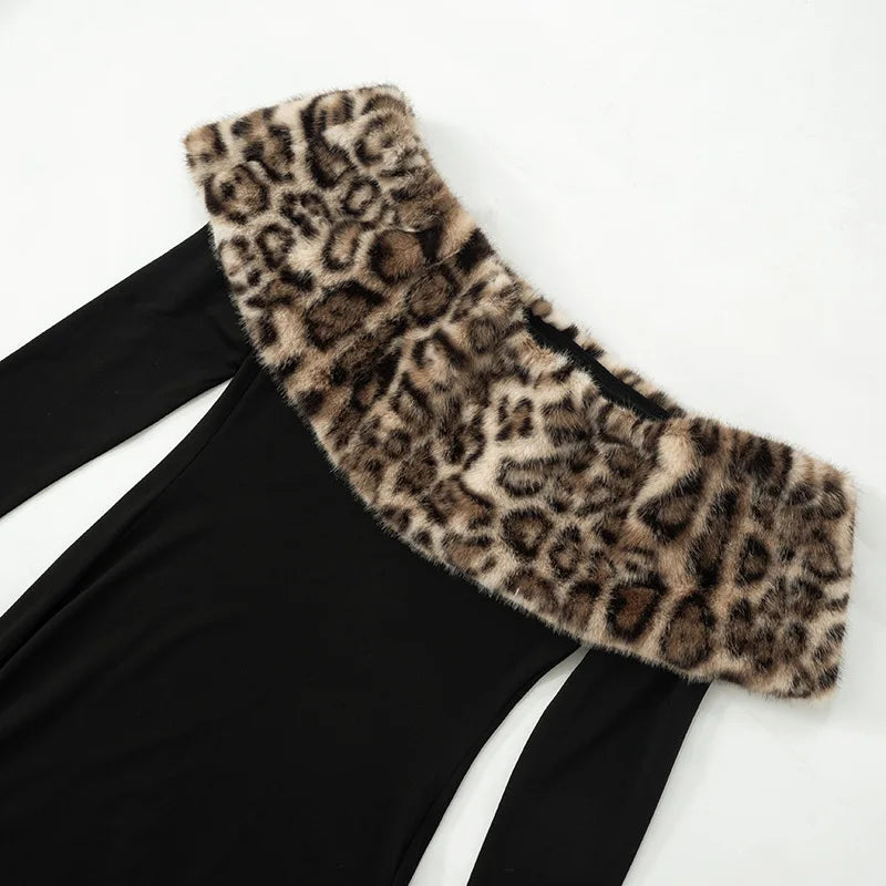 Leopard Print Fluff Splicing Maxi Dress