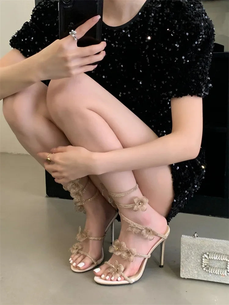 Crystal Narrow Band Thin High Heels Sandals