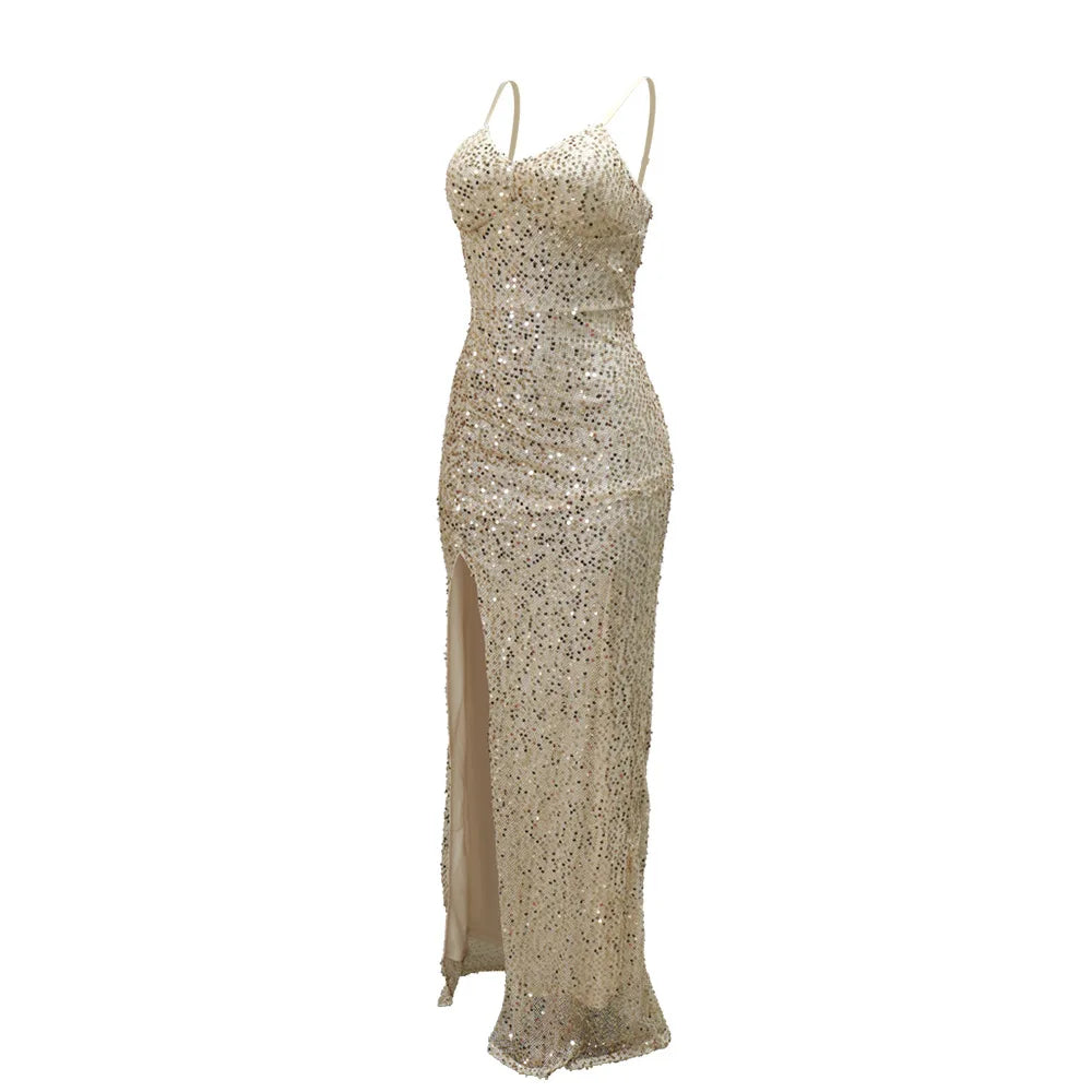 Sequined High Side Split Mermaid Maxi Dress