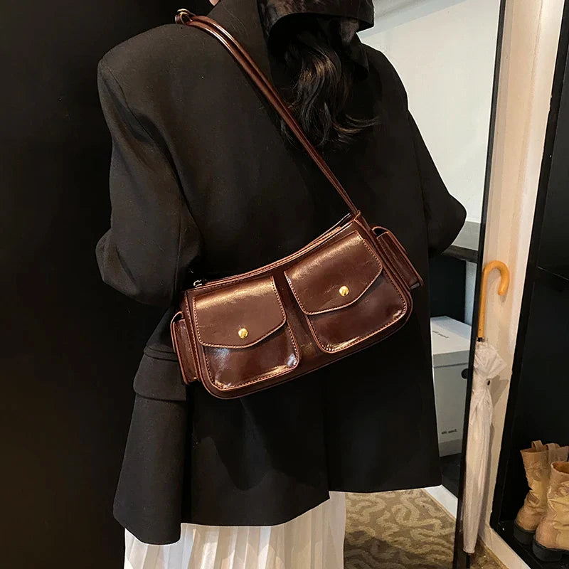 Faux Leather Small Double Pockets Underarm Bags