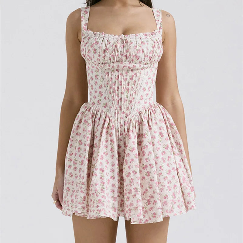 Flower Printed Open Back A-line Corset Mini Dress