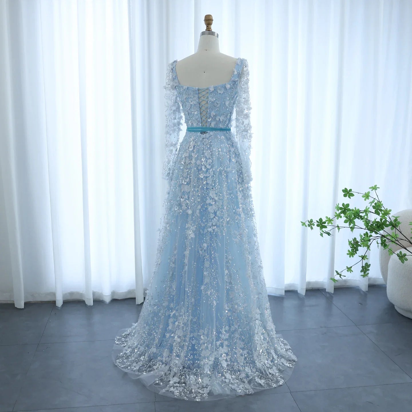 3D Floral A-Line Evening Gown Long Sleeves