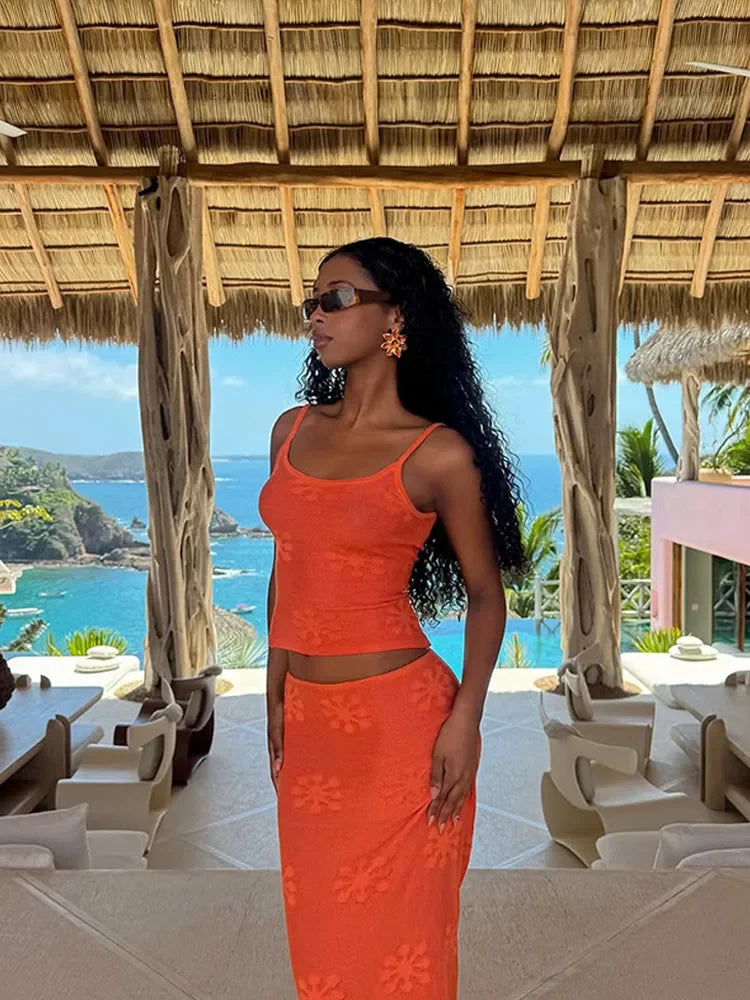 Orange Printed Square Neck Top and Long Skirt Suit