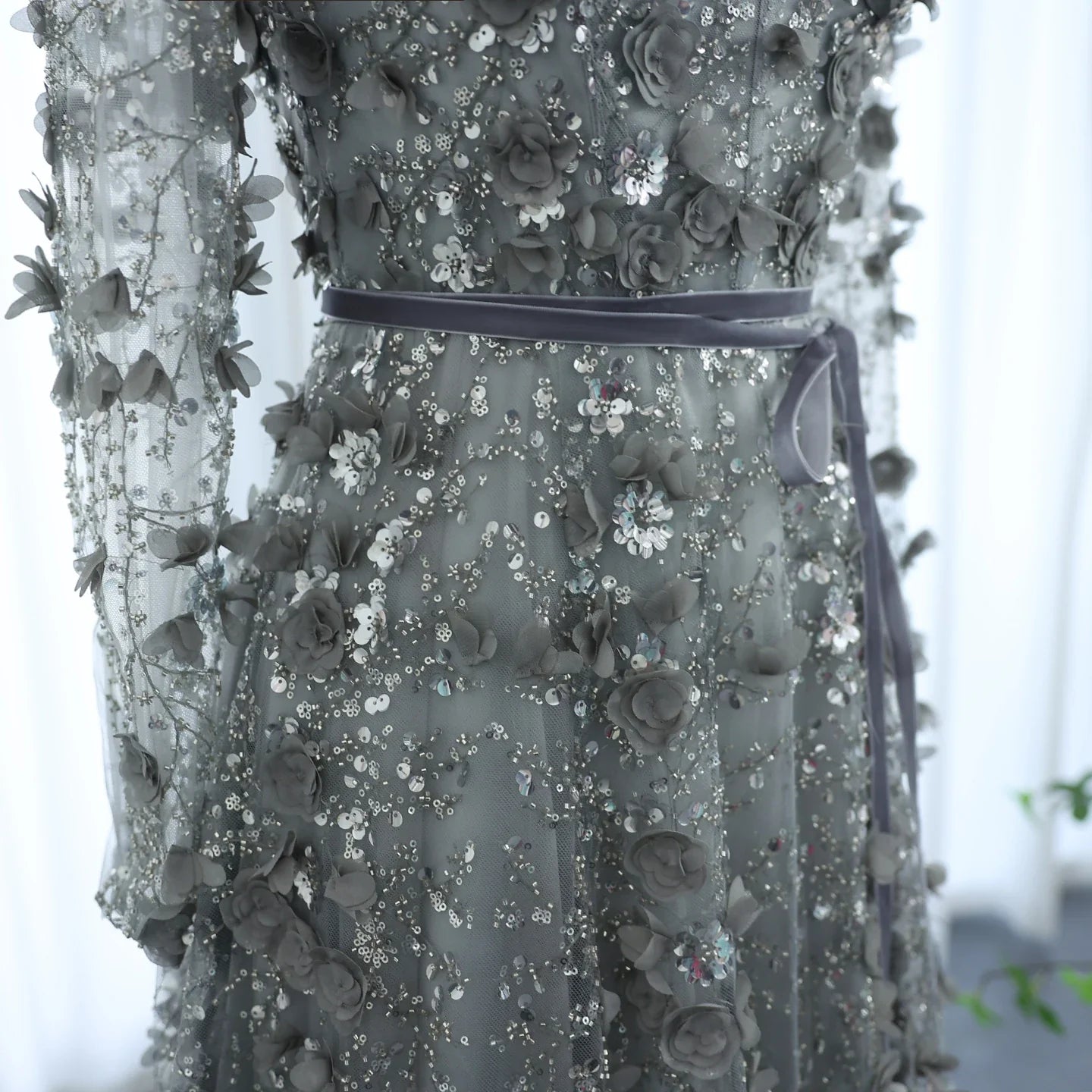 3D Floral A-Line Evening Gown Long Sleeves