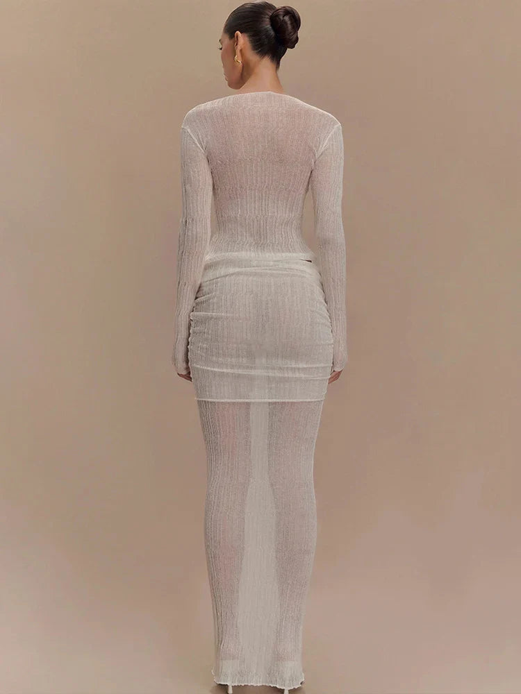 Appliques Sheer Full Sleeves Top and Long Skirt Suit